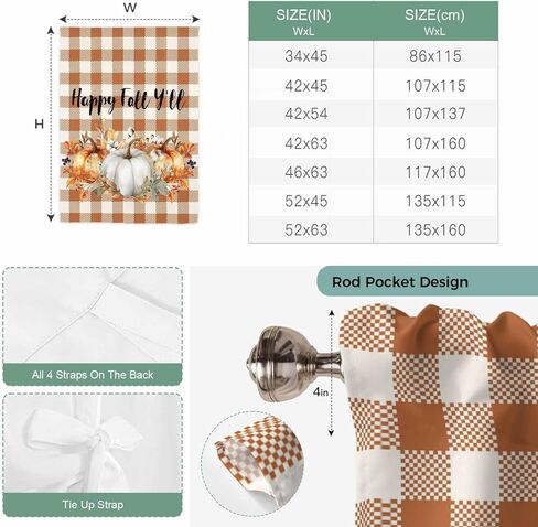 Thanksgiving Pumpkins Tie Up Curtains for Window, Fall Harvest Botanical Floral Plaid Thermal Balloon Shade Adjustable Rod Pocket Curtains Valance Panels for Kitchen Bathroom Café 52'' x 45'' in Saudi Arabia