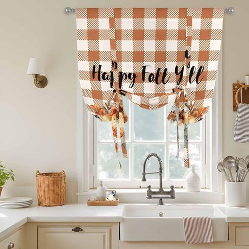 Thanksgiving Pumpkins Tie Up Curtains for Window, Fall Harvest Botanical Floral Plaid Thermal Balloon Shade Adjustable Rod Pocket Curtains Valance Panels for Kitchen Bathroom Café 52'' x 45'' in Saudi Arabia