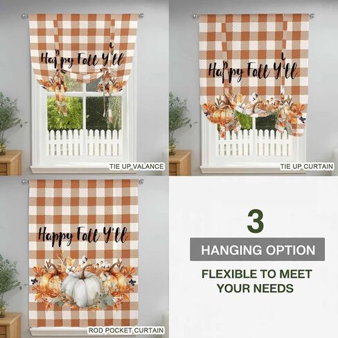 Thanksgiving Pumpkins Tie Up Curtains for Window, Fall Harvest Botanical Floral Plaid Thermal Balloon Shade Adjustable Rod Pocket Curtains Valance Panels for Kitchen Bathroom Café 52'' x 45'' in Saudi Arabia