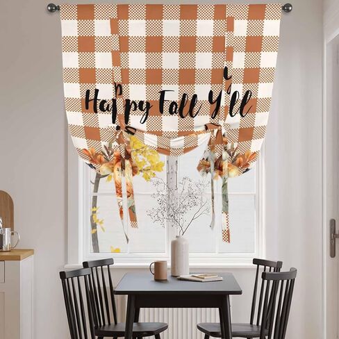 Thanksgiving Pumpkins Tie Up Curtains for Window, Fall Harvest Botanical Floral Plaid Thermal Balloon Shade Adjustable Rod Pocket Curtains Valance Panels for Kitchen Bathroom Café 52'' x 45'' in Saudi Arabia