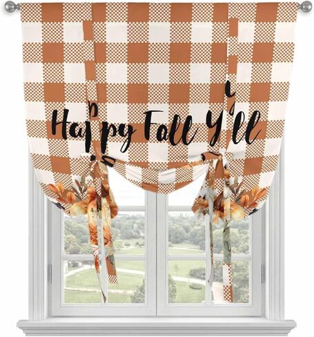 Thanksgiving Pumpkins Tie Up Curtains for Window, Fall Harvest Botanical Floral Plaid Thermal Balloon Shade Adjustable Rod Pocket Curtains Valance Panels for Kitchen Bathroom Café 52'' x 45'' in Saudi Arabia