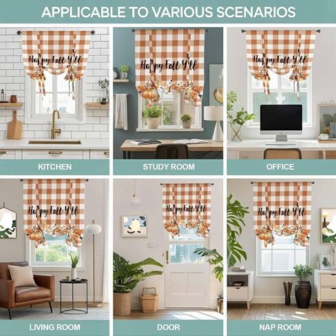 Thanksgiving Pumpkins Tie Up Curtains for Window, Fall Harvest Botanical Floral Plaid Thermal Balloon Shade Adjustable Rod Pocket Curtains Valance Panels for Kitchen Bathroom Café 52'' x 45'' in Saudi Arabia