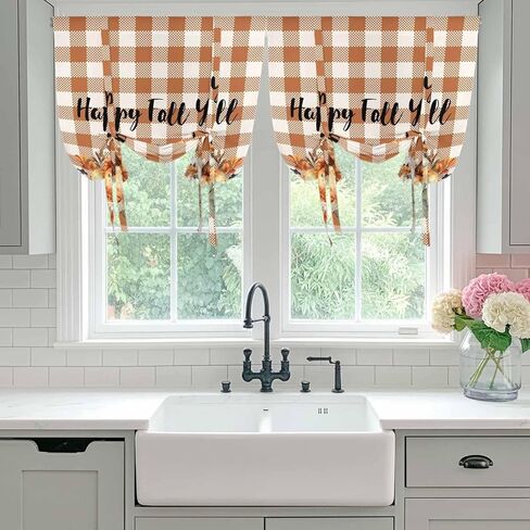 Thanksgiving Pumpkins Tie Up Curtains for Window, Fall Harvest Botanical Floral Plaid Thermal Balloon Shade Adjustable Rod Pocket Curtains Valance Panels for Kitchen Bathroom Café 52'' x 45'' in Saudi Arabia