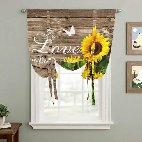Yellow Sunflowers Tie Up Curtains for Window, Farmhouse Brown Wooden Grain Vintage Thermal Insulated Balloon Shade Adjustable Rod Pocket Curtains Valance Panels for Kitchen Bathroom Café 42'' x 63'' in Saudi Arabia
