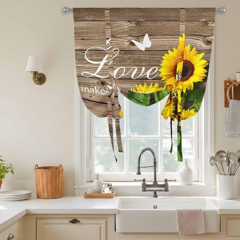 Yellow Sunflowers Tie Up Curtains for Window, Farmhouse Brown Wooden Grain Vintage Thermal Insulated Balloon Shade Adjustable Rod Pocket Curtains Valance Panels for Kitchen Bathroom Café 42'' x 63'' in Saudi Arabia