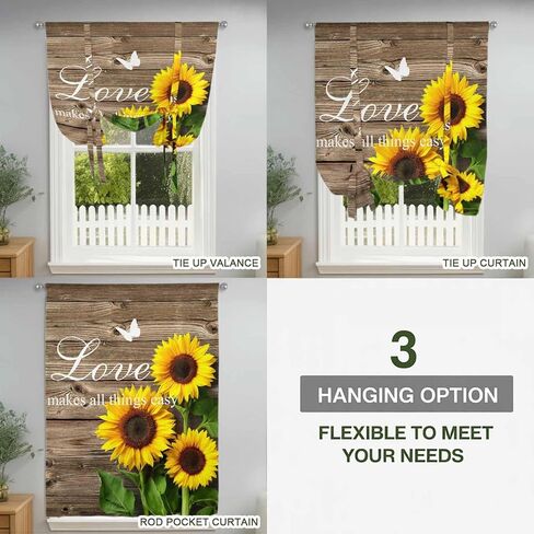 Yellow Sunflowers Tie Up Curtains for Window, Farmhouse Brown Wooden Grain Vintage Thermal Insulated Balloon Shade Adjustable Rod Pocket Curtains Valance Panels for Kitchen Bathroom Café 42'' x 63'' in Saudi Arabia
