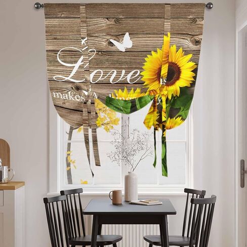 Yellow Sunflowers Tie Up Curtains for Window, Farmhouse Brown Wooden Grain Vintage Thermal Insulated Balloon Shade Adjustable Rod Pocket Curtains Valance Panels for Kitchen Bathroom Café 42'' x 63'' in Saudi Arabia