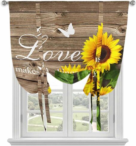 Yellow Sunflowers Tie Up Curtains for Window, Farmhouse Brown Wooden Grain Vintage Thermal Insulated Balloon Shade Adjustable Rod Pocket Curtains Valance Panels for Kitchen Bathroom Café 42'' x 63'' in Saudi Arabia