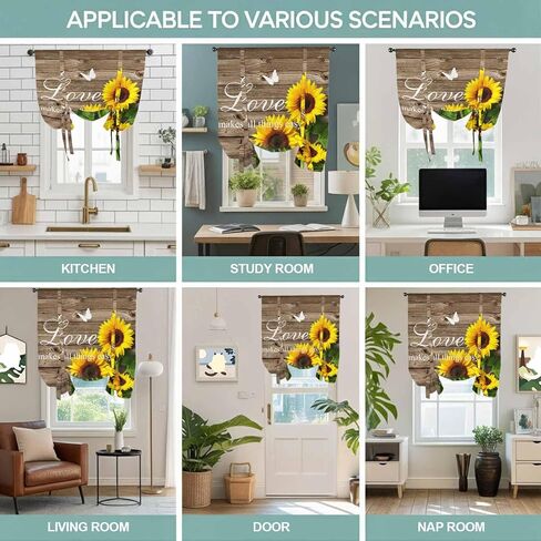 Yellow Sunflowers Tie Up Curtains for Window, Farmhouse Brown Wooden Grain Vintage Thermal Insulated Balloon Shade Adjustable Rod Pocket Curtains Valance Panels for Kitchen Bathroom Café 42'' x 63'' in Saudi Arabia