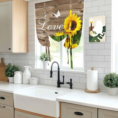Yellow Sunflowers Tie Up Curtains for Window, Farmhouse Brown Wooden Grain Vintage Thermal Insulated Balloon Shade Adjustable Rod Pocket Curtains Valance Panels for Kitchen Bathroom Café 42'' x 63'' in Saudi Arabia