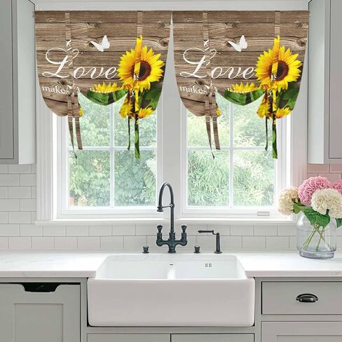 Yellow Sunflowers Tie Up Curtains for Window, Farmhouse Brown Wooden Grain Vintage Thermal Insulated Balloon Shade Adjustable Rod Pocket Curtains Valance Panels for Kitchen Bathroom Café 42'' x 63'' in Saudi Arabia