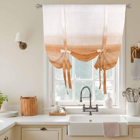 Orange White Ombre Tie Up Curtains for Window, Farmhouse Retro Simple Striped Art Thermal Insulated Balloon Shade Adjustable Rod Pocket Curtains Valance Panels for Kitchen Bathroom Café 46'' x 63'' in Saudi Arabia