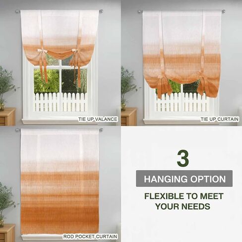 Orange White Ombre Tie Up Curtains for Window, Farmhouse Retro Simple Striped Art Thermal Insulated Balloon Shade Adjustable Rod Pocket Curtains Valance Panels for Kitchen Bathroom Café 46'' x 63'' in Saudi Arabia