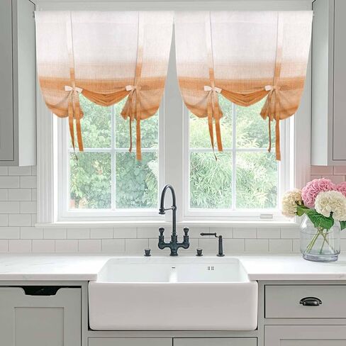Orange White Ombre Tie Up Curtains for Window, Farmhouse Retro Simple Striped Art Thermal Insulated Balloon Shade Adjustable Rod Pocket Curtains Valance Panels for Kitchen Bathroom Café 46'' x 63'' in Saudi Arabia