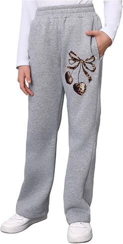 SweatyRocks Girl's Leopard Cherry Print Elastic Waist Track Pants Casual Loose Straight Leg Trousers in Saudi Arabia