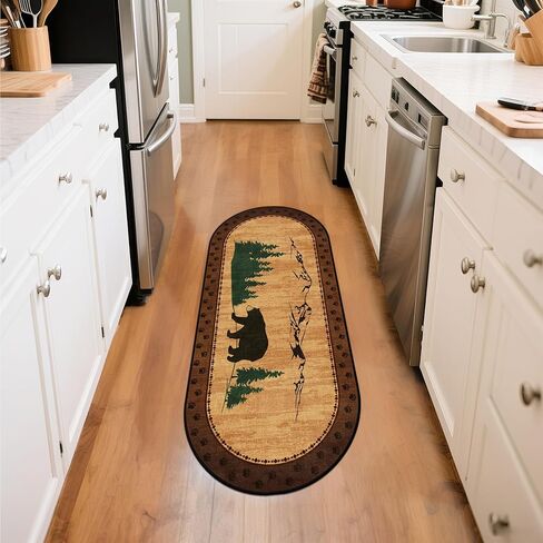 Rustic 2x6 Bear Rug, Thickened Non-Slip Brown Oval Runner Rug with Cozy Bears & Cub Scene, Washable Cabin Lodge Decor for Farmhouse Hallway, Laundry Room, Bedroom, Kitchen, Winter Christmas Area Rugs in Saudi Arabia