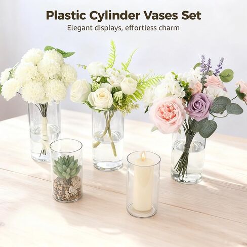 24 Pcs Plastic Cylinder Vases Bulk Set - Clear Flower Hurricane Vases in 3 Sizes, Unbreakable Flower Holder Candle Holder for Table Centerpiece, Home Decor, Parties, Weddings in Saudi Arabia