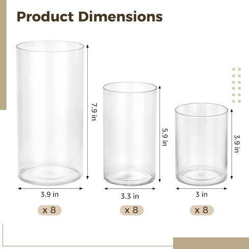 24 Pcs Plastic Cylinder Vases Bulk Set - Clear Flower Hurricane Vases in 3 Sizes, Unbreakable Flower Holder Candle Holder for Table Centerpiece, Home Decor, Parties, Weddings in Saudi Arabia