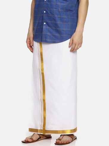 Dhoti جيب جاهز من القطن باللون الأبيض للرجال من Sethukrishna (أبيض) (مقاس واحد) (D537) in Kuwait