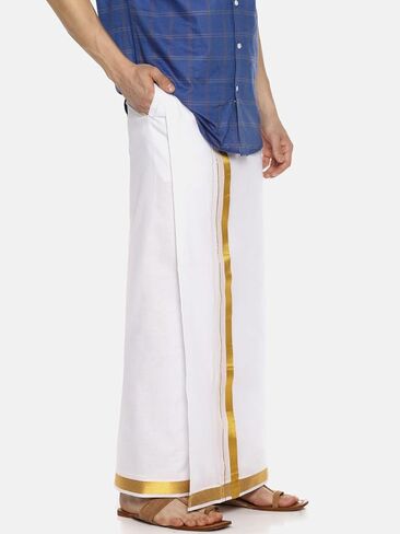 Dhoti جيب جاهز من القطن باللون الأبيض للرجال من Sethukrishna (أبيض) (مقاس واحد) (D537) in Kuwait