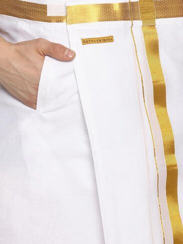 Dhoti جيب جاهز من القطن باللون الأبيض للرجال من Sethukrishna (أبيض) (مقاس واحد) (D537) in Kuwait