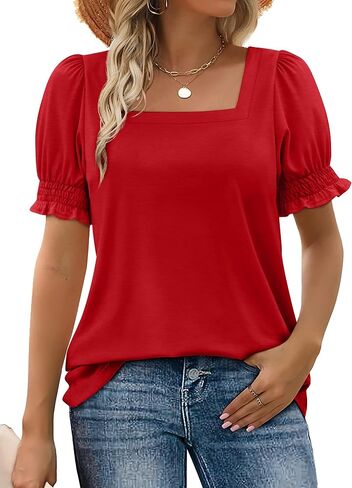 Tops for Women Summer Casual Ruffle Trim Sleeve Square Neck T Shirts in Saudi Arabia