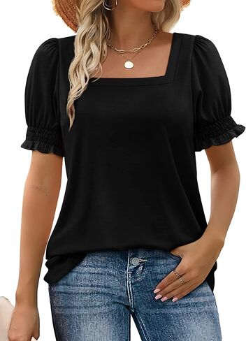 Tops for Women Summer Casual Ruffle Trim Sleeve Square Neck T Shirts in Saudi Arabia