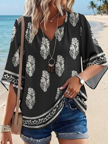 Womens Bohemian Tops 3/4 Sleeve V Neck Loose Fit Tunic Shirt Casual Vacation Clothes S-3XL in Saudi Arabia