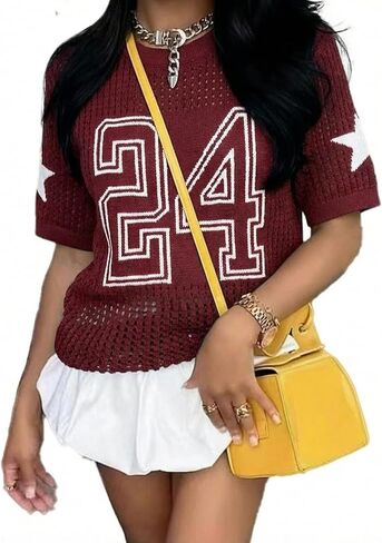 Jersey Shirts for Women Y2k Sweater Number Crochet Hollow Out Jersey Tee Crew Neck Short Sleeve Knit T Shirts in Kuwait