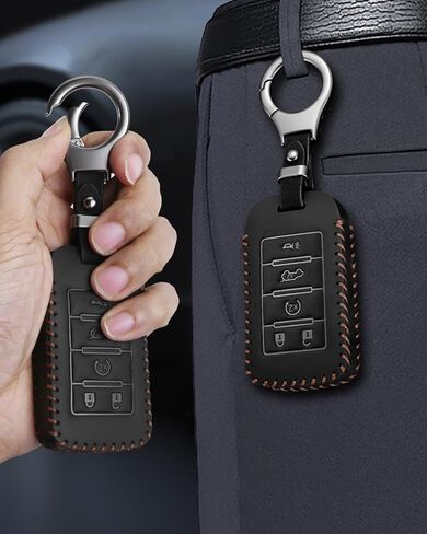 YaSeim متوافق مع غطاء Jeep Key Fob مع سلسلة مفاتيح، حافظة جلدية لمفتاح السيارة لعام 2025 2024-2021 Grand Cherokee L Grand Wagoneer L Wagoneer Grand Cherokee 5 أزرار ملحقات مفاتيح التحكم عن بعد الذكية in Kuwait