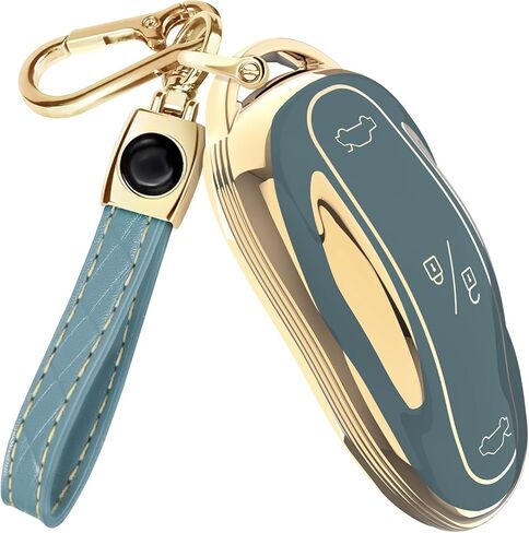 Lucrum Compatible with Tesla Model 3 S Y Key Fob Cover & Leather Keychain - TPU Keyfob Case for Model 3/S/Y in Kuwait