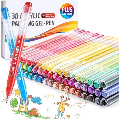54 Colors Acrylic Gel Pens for Coloring, 3D Colored Paint Pens Markers with 1.0mm Bullet Tip for Adult Coloring Books, Colored Gel Journal Pen for Rock Painting, Fabric, Wood, Wood, Art Supplies in Kuwait