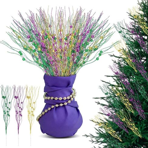 12 Pcs Mardi Gras Glitter Berry Stems 16 Inch Mardi Gras Decorations Artificial Purple Gold Green Berry Picks and Sprays Christmas Tree Filler Branches Ornaments for Carnival Centerpieces in Kuwait