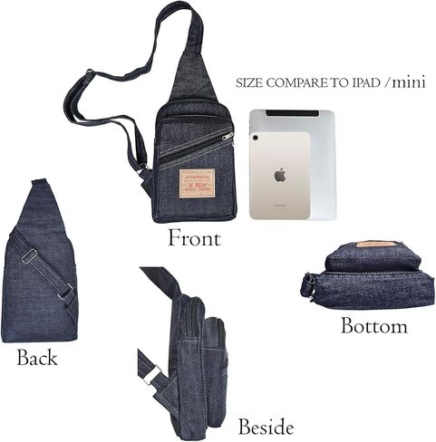 Dark Blue Denim Sling Bag Crossbody Chest Pack with Multiple Zippered Compartments for Unisex in Kuwait