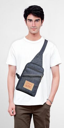 Dark Blue Denim Sling Bag Crossbody Chest Pack with Multiple Zippered Compartments for Unisex in Kuwait