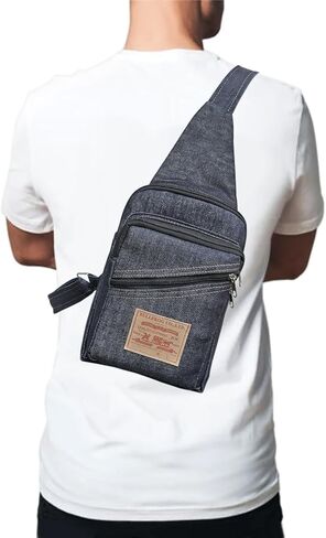 Dark Blue Denim Sling Bag Crossbody Chest Pack with Multiple Zippered Compartments for Unisex in Kuwait