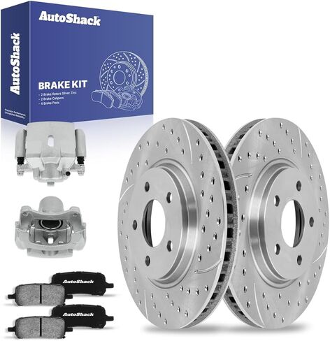 AutoShack Front Vented Drilled & Slotted Silver Zinc Coated Brake Rotors + Ceramic Pads + Calipers 8-PC Brake Kit Replacement for 2004-2012 Chevrolet Malibu SilverShield Pro 11.65" (296 mm) in Saudi Arabia