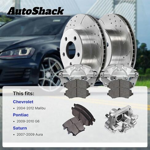 AutoShack Front Vented Drilled & Slotted Silver Zinc Coated Brake Rotors + Ceramic Pads + Calipers 8-PC Brake Kit Replacement for 2004-2012 Chevrolet Malibu SilverShield Pro 11.65" (296 mm) in Saudi Arabia