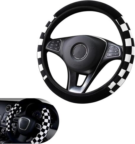 Black and White Checkered Plaid Soft Wheel Cover, Non-Slip Fluffy Keep Warm Steering Wheel Protector Decor, Universal for 14.5-15 Inch Car Truck SUV (Black & White) in Kuwait