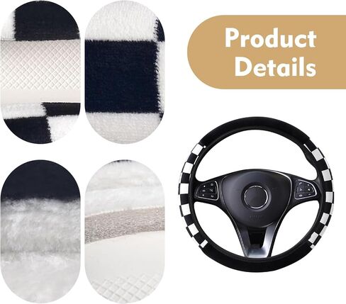 Black and White Checkered Plaid Soft Wheel Cover, Non-Slip Fluffy Keep Warm Steering Wheel Protector Decor, Universal for 14.5-15 Inch Car Truck SUV (Black & White) in Kuwait