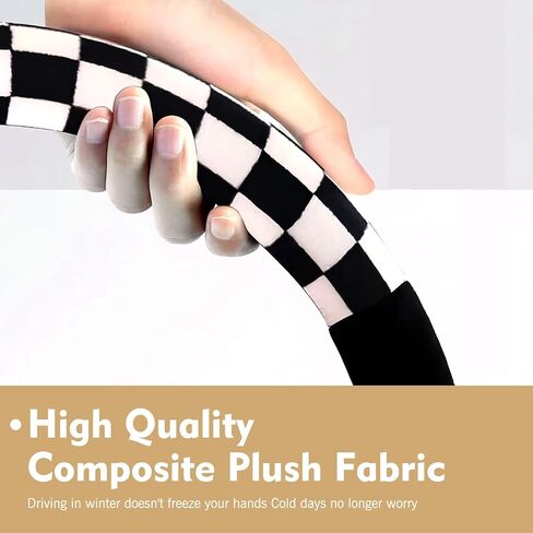 Black and White Checkered Plaid Soft Wheel Cover, Non-Slip Fluffy Keep Warm Steering Wheel Protector Decor, Universal for 14.5-15 Inch Car Truck SUV (Black & White) in Kuwait