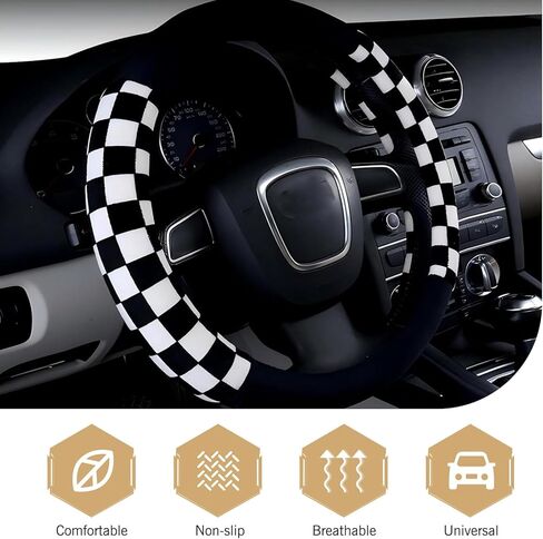 Black and White Checkered Plaid Soft Wheel Cover, Non-Slip Fluffy Keep Warm Steering Wheel Protector Decor, Universal for 14.5-15 Inch Car Truck SUV (Black & White) in Kuwait