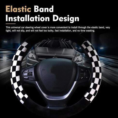 Black and White Checkered Plaid Soft Wheel Cover, Non-Slip Fluffy Keep Warm Steering Wheel Protector Decor, Universal for 14.5-15 Inch Car Truck SUV (Black & White) in Kuwait