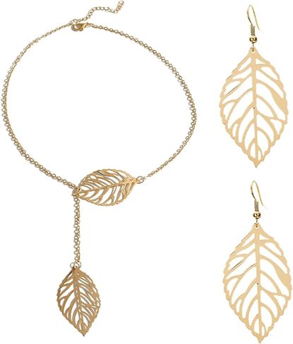 WCRAZYE Bohemian Leaf Earrings and Necklace Set for Women Unique Simple Gold Silver Lightweight Cutout Leaf Dangle Drop Earrings Fashion Filigree Leaf Y Necklace Gold Leaves Y Lariat Necklace Choker Jewelry Gifts in Kuwait