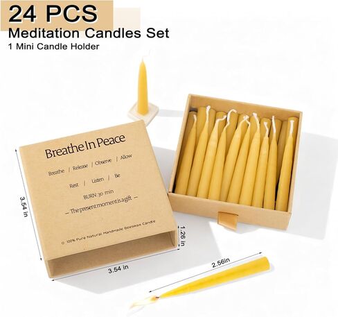 30 Minute Beeswax Meditation Candles, 100% Pure Bees Wax Mini Taper Candles with Small Holder - Smokeless & Dripless & Non-Toxic, Prayer Gift for Relaxation Yoga Women, 24Pcs in Saudi Arabia