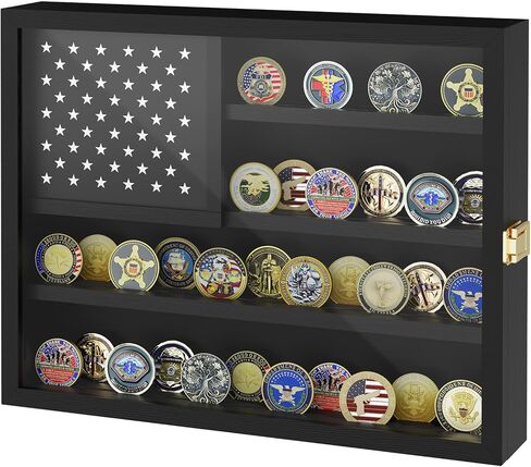 حافظة عرض العملات المعدنية من تشالينج، عرض حامل العملات المعدنية العسكرية مع تصميم العلم الأمريكي وحجرة تخزين مخفية، عرض حائط خشبي للعملات المعدنية لـ 46 عملة معدنية، حامل العملات المعدنية لهواة الجمع - أسود in Kuwait