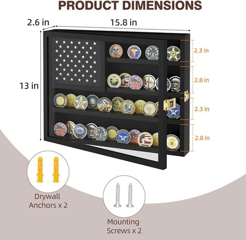 حافظة عرض العملات المعدنية من تشالينج، عرض حامل العملات المعدنية العسكرية مع تصميم العلم الأمريكي وحجرة تخزين مخفية، عرض حائط خشبي للعملات المعدنية لـ 46 عملة معدنية، حامل العملات المعدنية لهواة الجمع - أسود in Kuwait