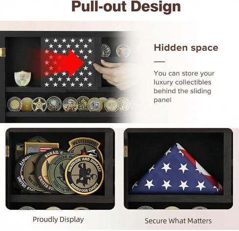 حافظة عرض العملات المعدنية من تشالينج، عرض حامل العملات المعدنية العسكرية مع تصميم العلم الأمريكي وحجرة تخزين مخفية، عرض حائط خشبي للعملات المعدنية لـ 46 عملة معدنية، حامل العملات المعدنية لهواة الجمع - أسود in Kuwait