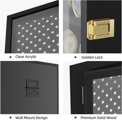 حافظة عرض العملات المعدنية من تشالينج، عرض حامل العملات المعدنية العسكرية مع تصميم العلم الأمريكي وحجرة تخزين مخفية، عرض حائط خشبي للعملات المعدنية لـ 46 عملة معدنية، حامل العملات المعدنية لهواة الجمع - أسود in Kuwait