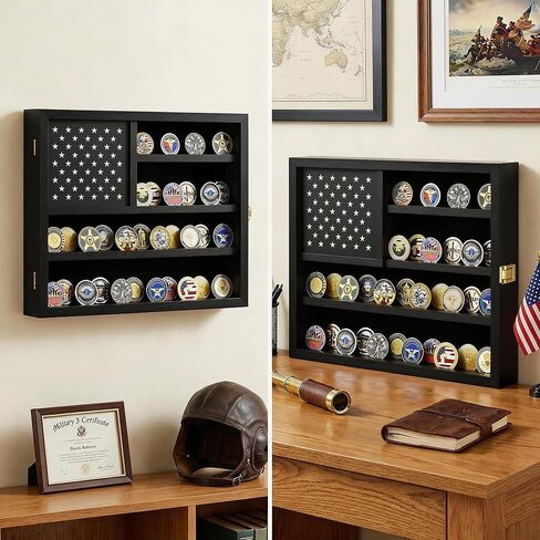 حافظة عرض العملات المعدنية من تشالينج، عرض حامل العملات المعدنية العسكرية مع تصميم العلم الأمريكي وحجرة تخزين مخفية، عرض حائط خشبي للعملات المعدنية لـ 46 عملة معدنية، حامل العملات المعدنية لهواة الجمع - أسود in Kuwait